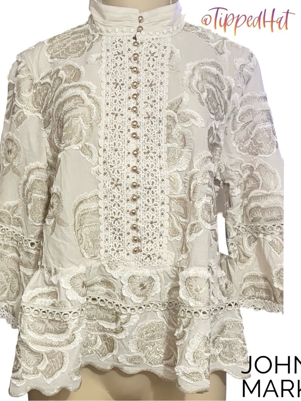 John Mark Extravaganza Ivory Gold Embroidered Blouse PM NWT $149